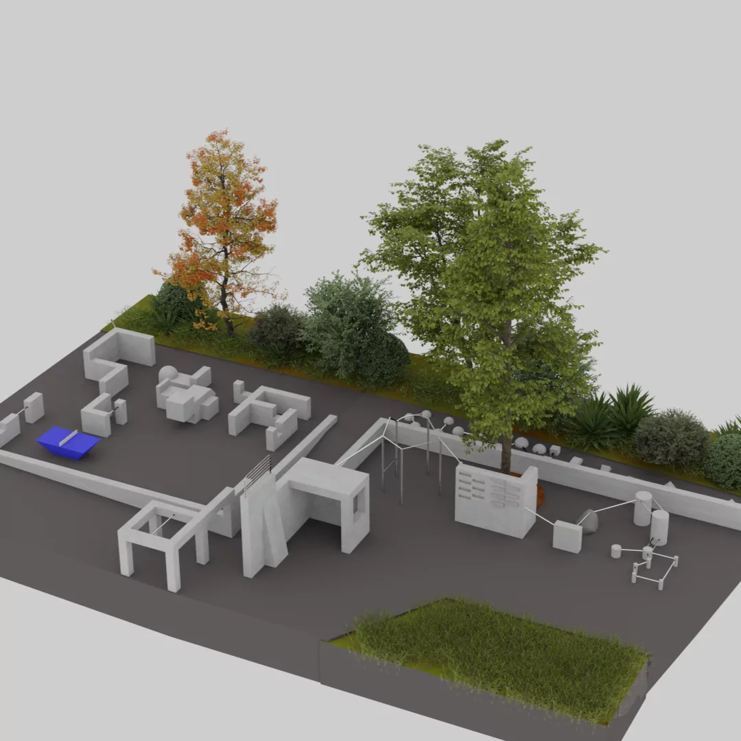 Visualisierung einer Parkour Sportanlage mit Betonmauern, Stangen und Bäumen