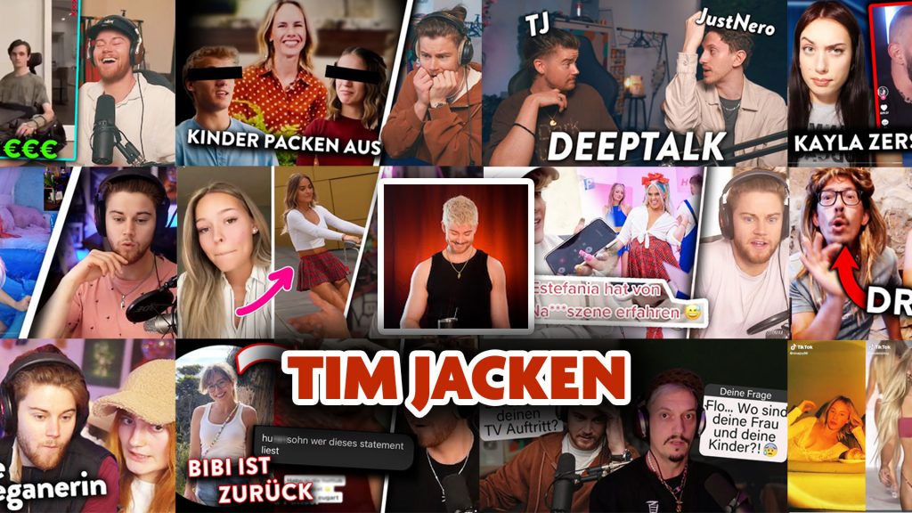 Raster aus vielen YouTube-Vorschaubildern des Kanals Tim Jacken mit Schriftzug in der Mitte