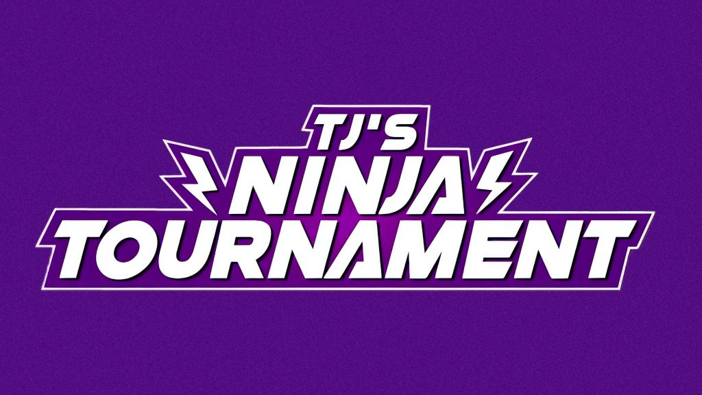 Logo des TJ’s Ninja Tournament in weißer Schrift mit Blitzsymbolen auf violettem Hintergrund