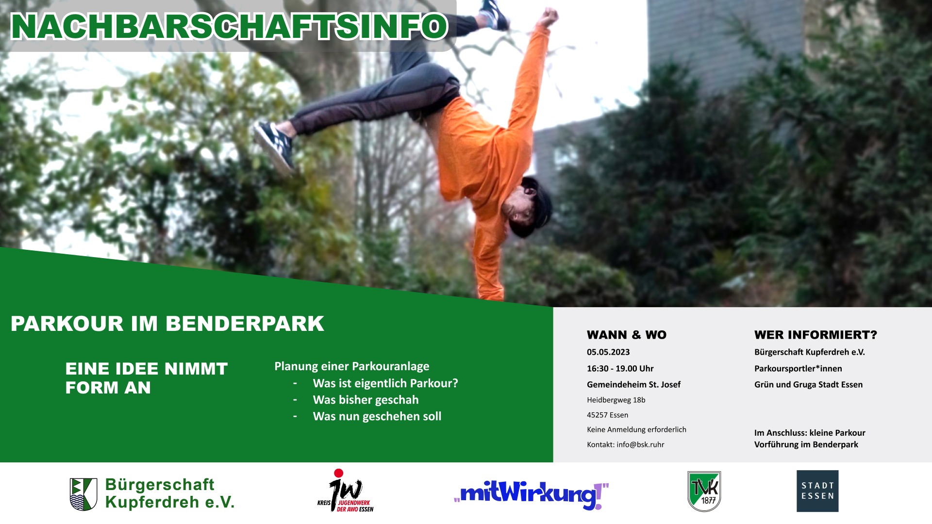Grüner Infoflyer „Nachbarschaftsinfo — Parkour im Benderpark, eine Idee nimmt Form an" mit einer Person im Handstand und den Logos der beteiligten Vereine und der Stadt Essen.