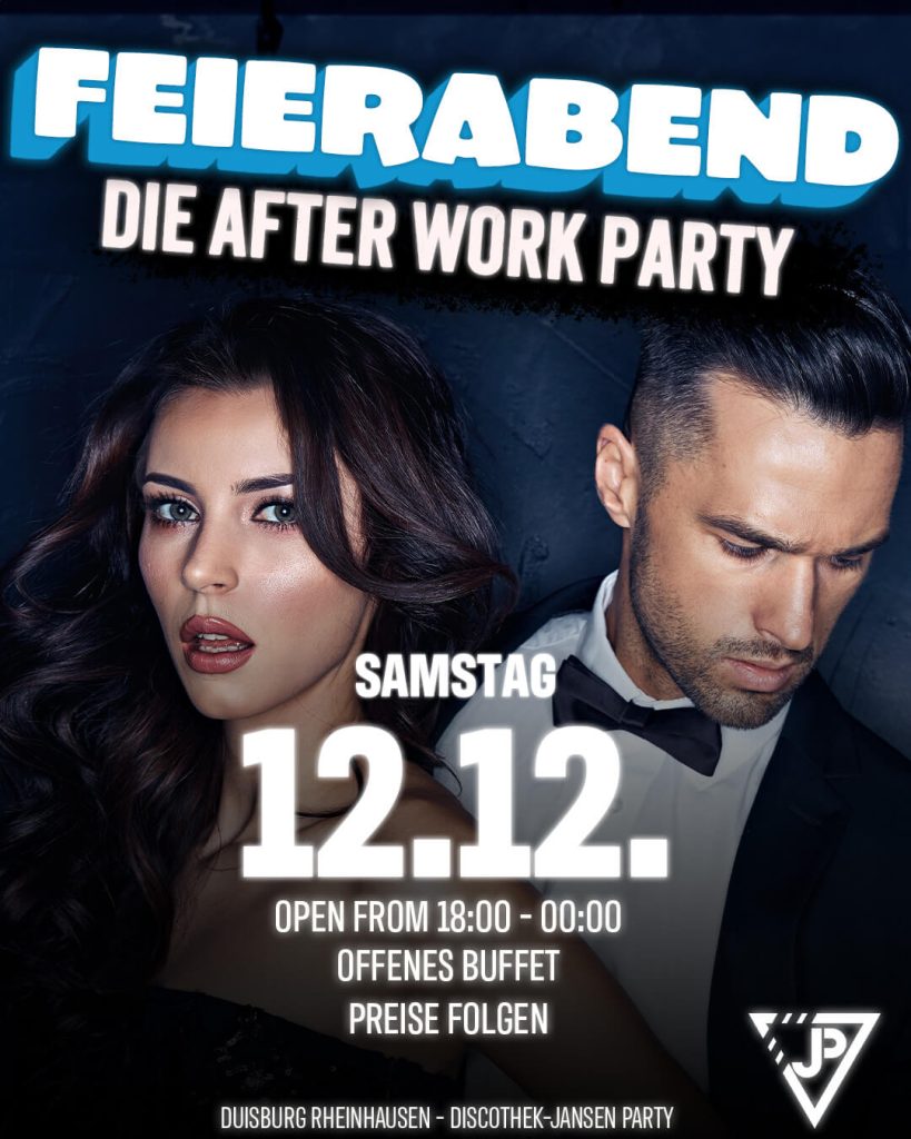 Partyflyer „Feierabend — Die After Work Party" der Discothek Jansen, Samstag 12.12., mit einem Paar in Abendgarderobe und den Angaben zu Einlass und Buffet.