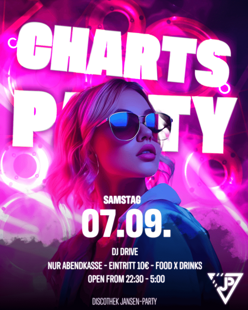 Partyflyer „Charts Party" der Discothek Jansen, Samstag 07.09. mit DJ Drive, Porträt einer Frau mit Sonnenbrille in Pink und Magenta.
