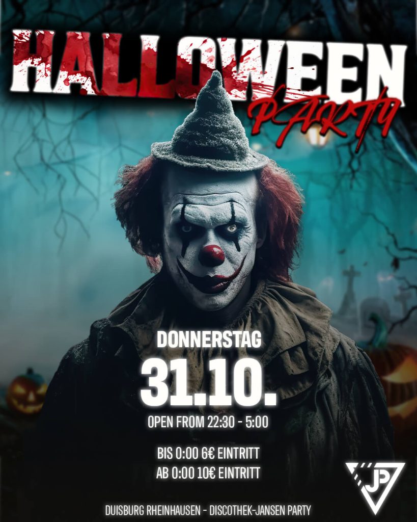 Partyflyer „Halloween Party" der Discothek Jansen, Donnerstag 31.10., mit einer Clownsfigur vor dunklem Hintergrund und den Eintrittspreisen.