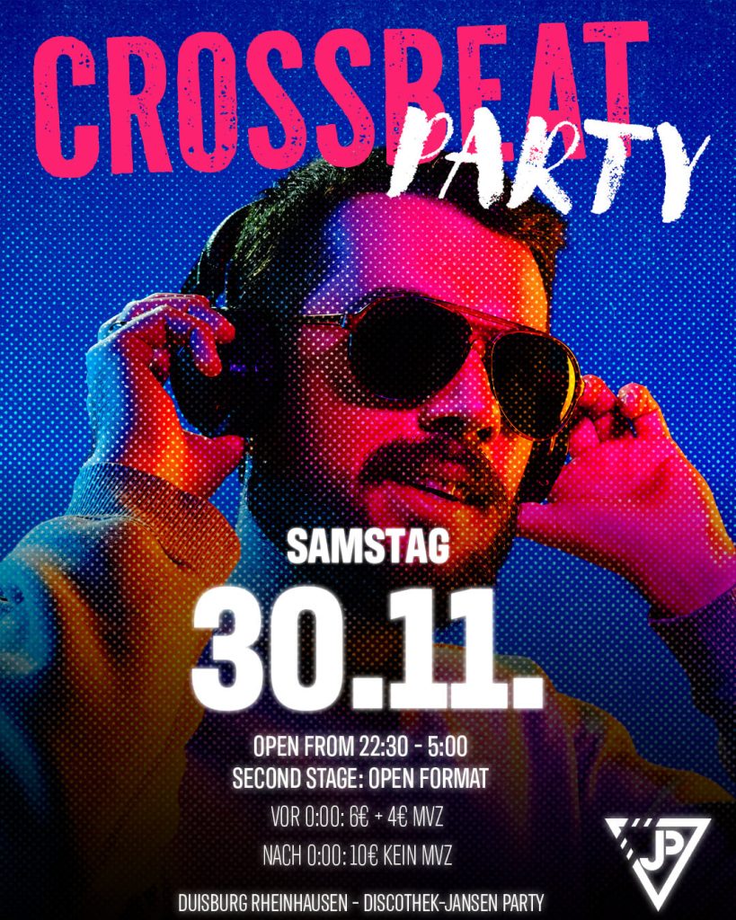 Partyflyer „Crossbeat Party" der Discothek Jansen, Samstag 30.11., mit einem Mann mit Sonnenbrille und Kopfhörern in Blau und Rot.