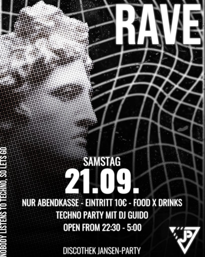Partyflyer „Rave" der Discothek Jansen, Samstag 21.09., Technoparty mit DJ Guido, in Schwarzweiß mit einer Statuenbüste und Gittergrafik.