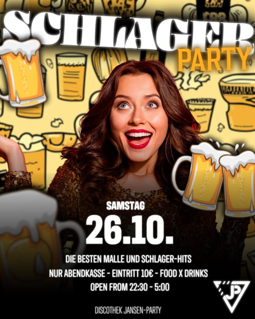 Partyflyer „Schlager Party" der Discothek Jansen, Samstag 26.10., mit einer lachenden Frau und Bierkrügen vor gelbem Hintergrund.