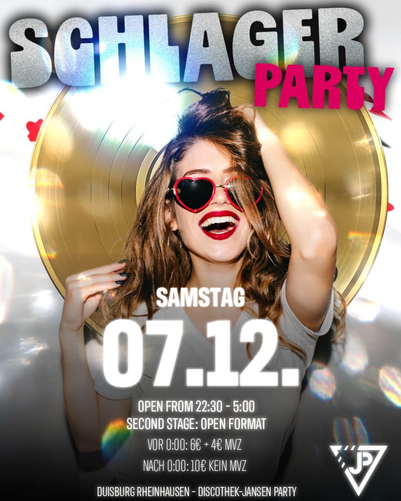 Partyflyer „Schlager Party" der Discothek Jansen, Samstag 07.12., mit einer Frau mit roter Sonnenbrille vor goldenen Luftballons.