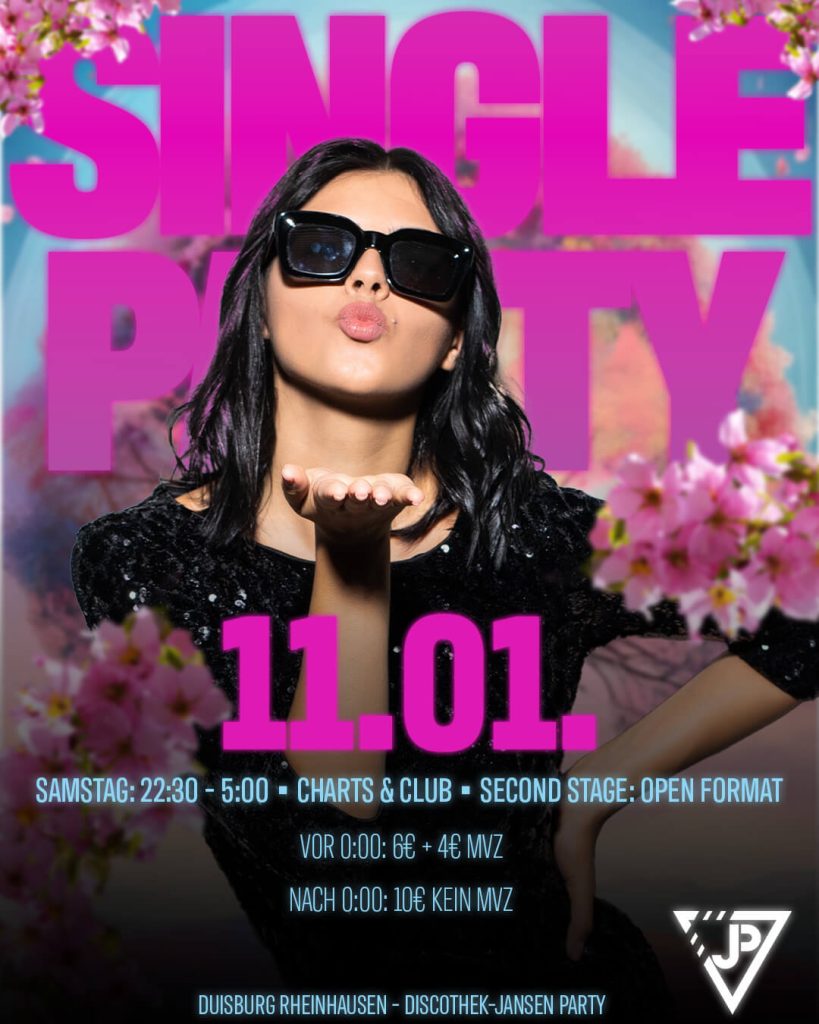 Partyflyer „Single Party" der Discothek Jansen, Samstag 11.01., mit einer Frau mit Sonnenbrille, die einen Kuss zuwirft, in Pink und Schwarz.